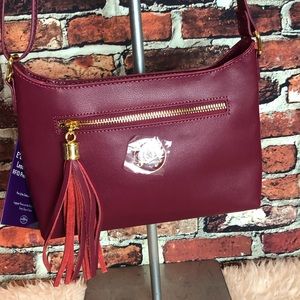 NWT Joy Mangano Cranberry Leather Crossbody Bag with RFID Protection